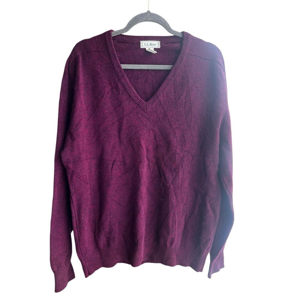 Vintage LL Bean Men Sweater M 100% Lambswool Wool V Neck Maroon Made In Scotland